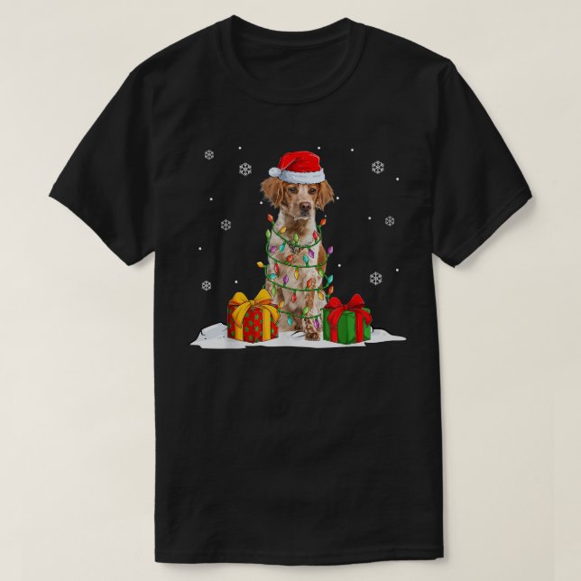 Camiseta Brittany Spaniel Santa Christmas Tree Encende Navi (Diseño del anverso)