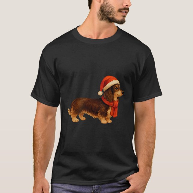 Camiseta Brown And Tan Christmas Dachshund Santa Hat  (Anverso)