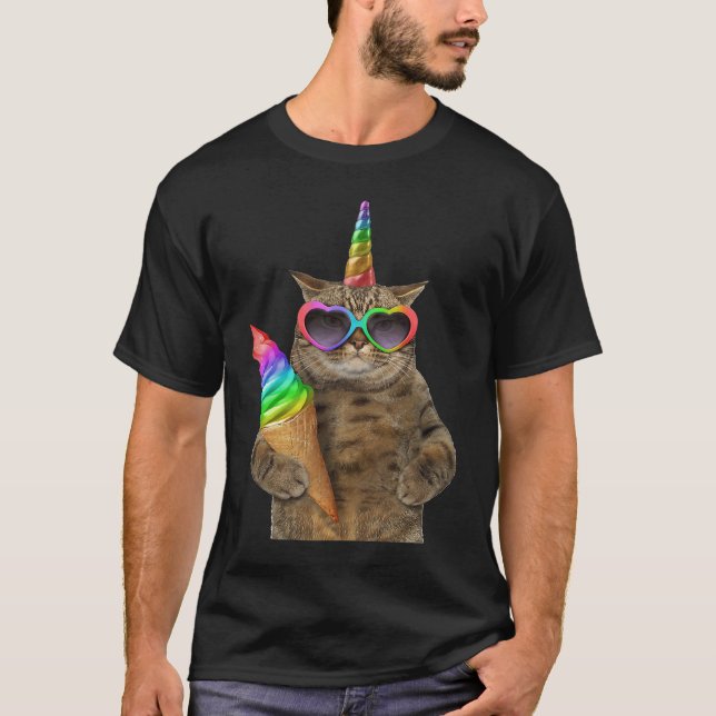 Camiseta brown cat wears glasses with unicorn and ice cream (Anverso)