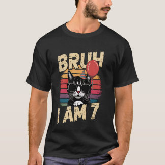 Camiseta Bruh I Am 7 Cat Kids 7Birthday Retro Sunset