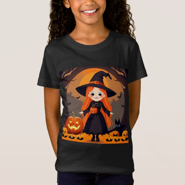 Camiseta Bruja adorable en el escenario de Halloween con ca (Anverso)