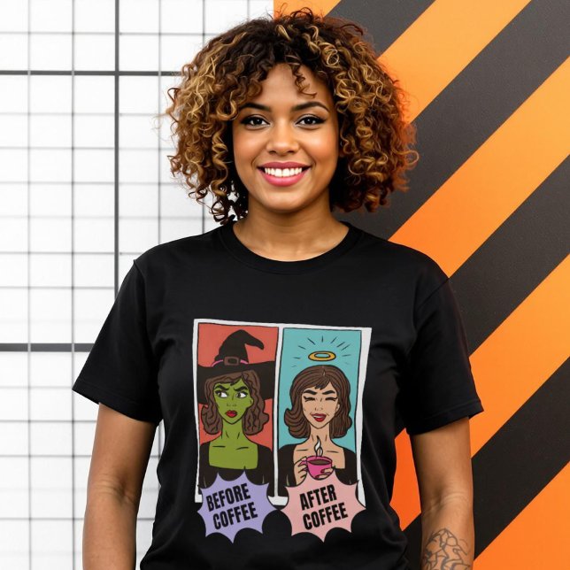 Camiseta Bruja antes del café Saint después del arte pop có (Witch Before Coffee Saint After Comic Pop Art T-Shirt.)