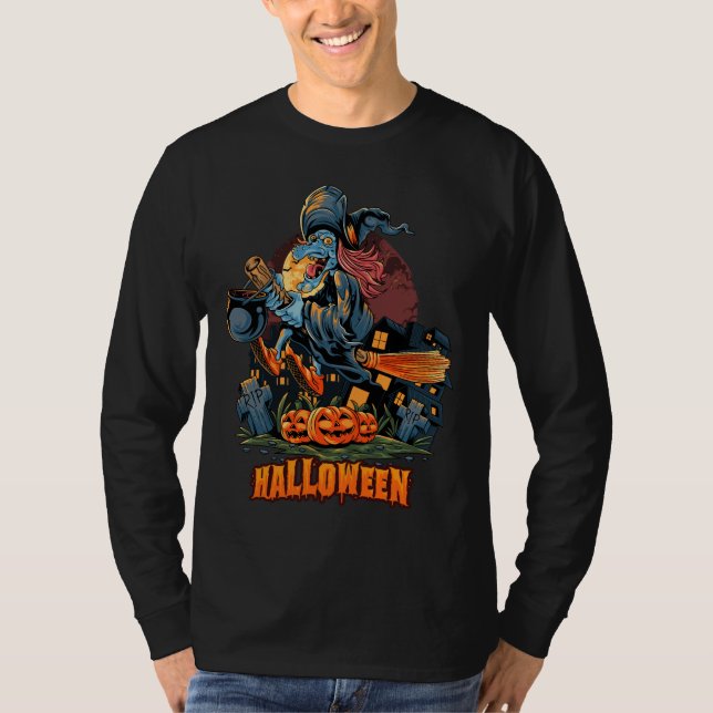 Camiseta Bruja aterradora en una escoba de manga larga (Anverso)