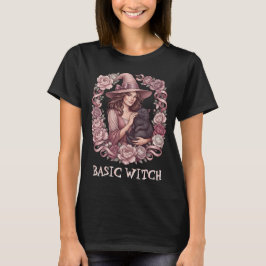 Camiseta Bruja Básica Floral Rosa Bruja & Gato Negro Coquet