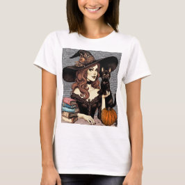 Camiseta Bruja con gato negro y libros