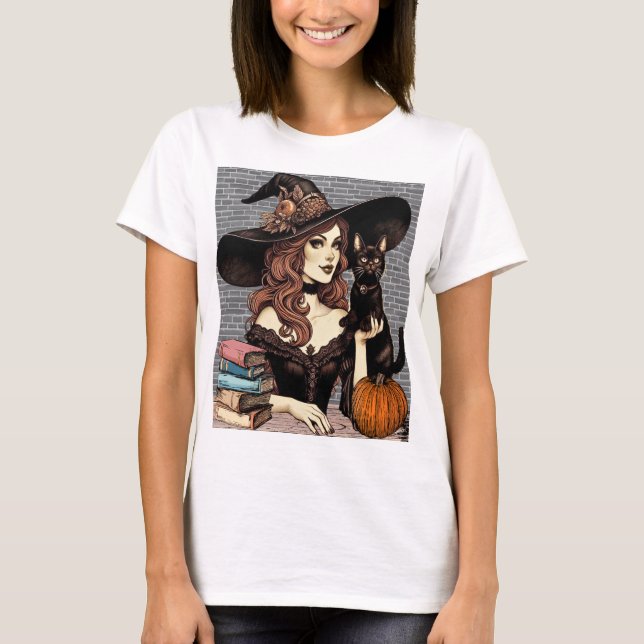 Camiseta Bruja con gato negro y libros (Anverso)