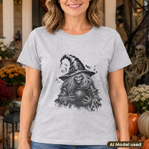 Camiseta Bruja con Ilustración Gótica Vintage de Caldero
