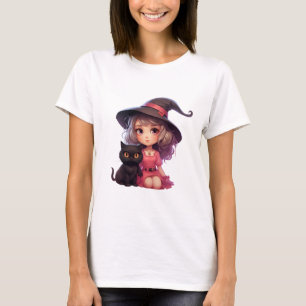 Camiseta Bruja de bonito con un gato negro Halloween