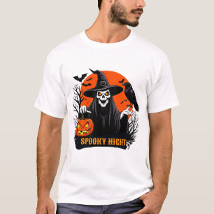 Camiseta Bruja de Cara de Cráneo y Cuervo Noche de Hallowee