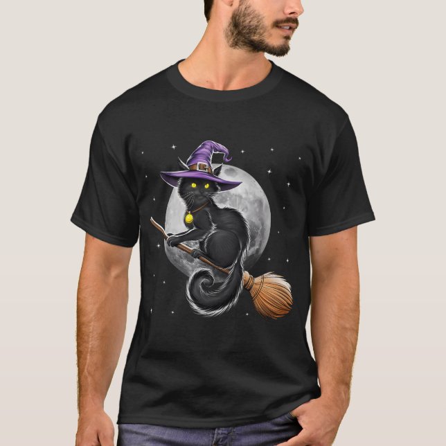 Camiseta Bruja de Gato Montando Escoba (Anverso)