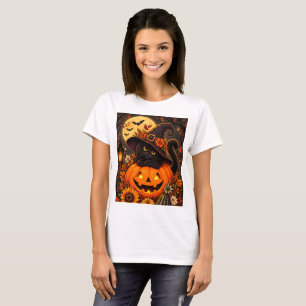 Camiseta Bruja de Gato Negro Calabaza de Halloween Otoño Cu