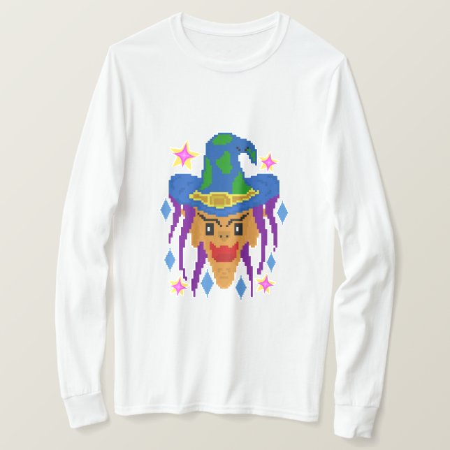 Camiseta Bruja de Halloween con baño - Arte Pixel (Anverso del diseño)