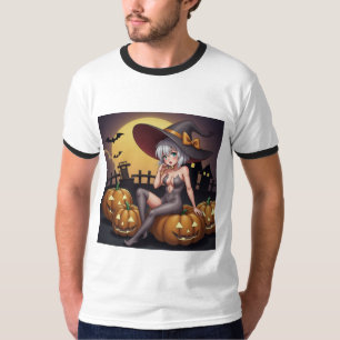 Camiseta Bruja de Halloween con Ojo Verde en Jack-O-Lantern