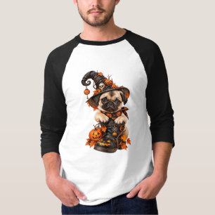 Camiseta Bruja de Halloween con Pug Adorable Raglan