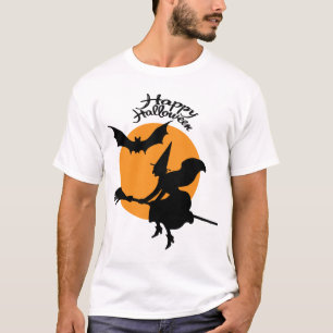 Camiseta bruja de Halloween sobre palo de escoba con murcié