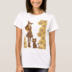 Camiseta “Bruja de Halloween y gato con girasoles”