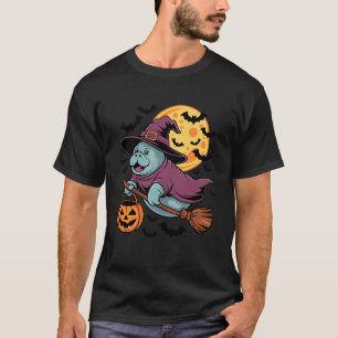 Camiseta Bruja de Manatí Adorable Montando Escoba Calabaza