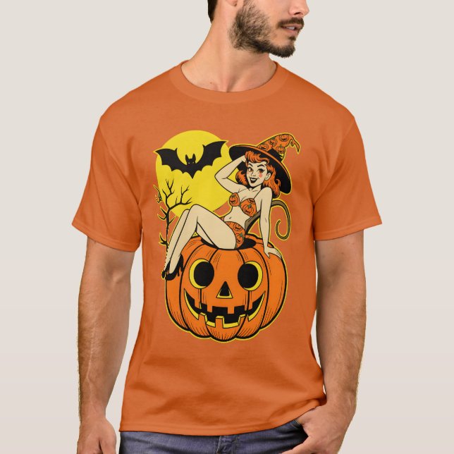 Camiseta Bruja de Pinup de Halloween retro en calabaza (Anverso)