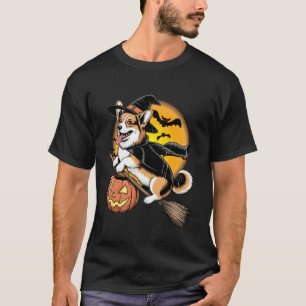 Camiseta Bruja Divertida De Perro Corgi En Escoba Calabaza