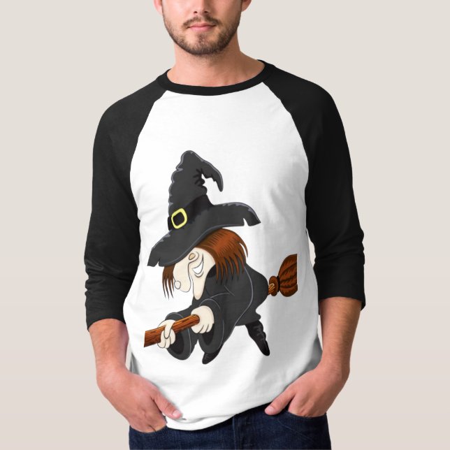 Camiseta Bruja Divertida Volando Aislada sobre Blanco (Anverso)