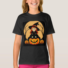 Camiseta Bruja en el ambiente de Halloween con calabazas