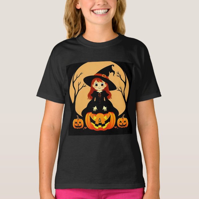 Camiseta Bruja en el ambiente de Halloween con calabazas (Anverso)