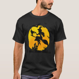 Camiseta Bruja en Gato Lunar con Escoba y Murciélagos Hallo