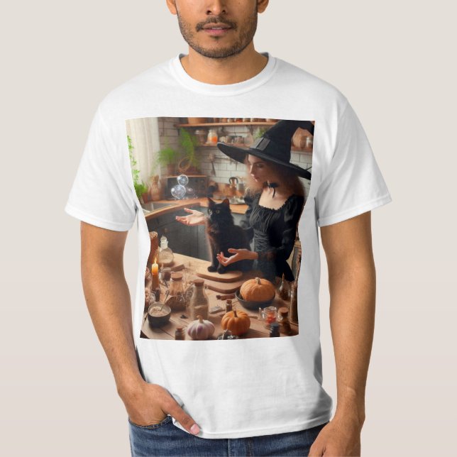 Camiseta Bruja en la cocina con su gato (Anverso)