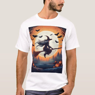 Camiseta Bruja en un palo de la luna con murciélagos