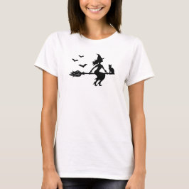 Camiseta Bruja En Una Escoba Con Gato Y Murciélagos Hallowe