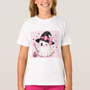 Camiseta Bruja Fantasma Coqueta con Lazo Rosa de Halloween