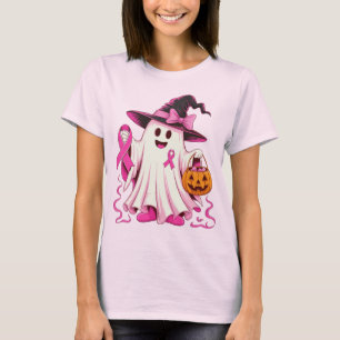Camiseta Bruja fantasma suave con cintas rosadas y calabaza