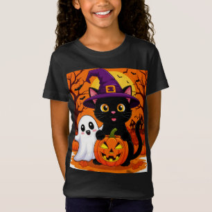 Camiseta Bruja Gata Linda Con Noche de Fantasma y Calabaza