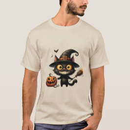 Camiseta Bruja Gato Divertida de Halloween con Escoba Mágic