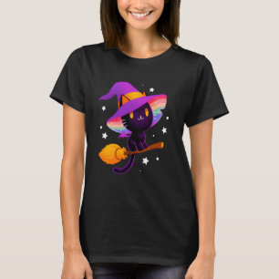 Camiseta Bruja Gato Negro Con Sombrero De Arcoíris Y Escoba