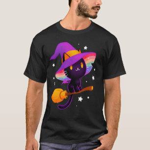 Camiseta Bruja Gato Negro Con Sombrero De Arcoíris Y Escoba