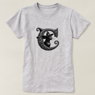 Camiseta Bruja Gato Negro Letra C Inicial Personalizada