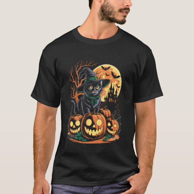 Camiseta Bruja Gato Negro Retro Calabaza de Halloween Espan (Anverso)