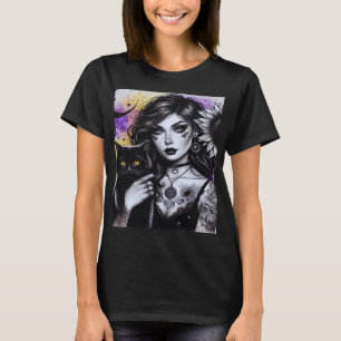 Camiseta Bruja gótica celestial y gato negro