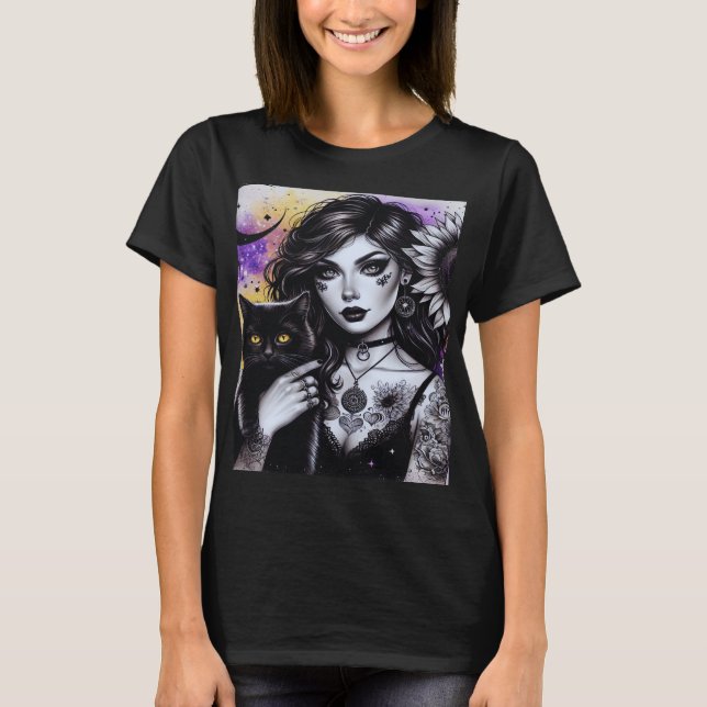 Camiseta Bruja gótica celestial y gato negro (Anverso)