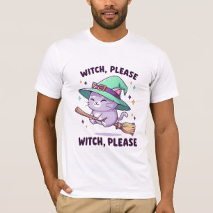 Camiseta Bruja Kawaii Adorable Gato en Escoba