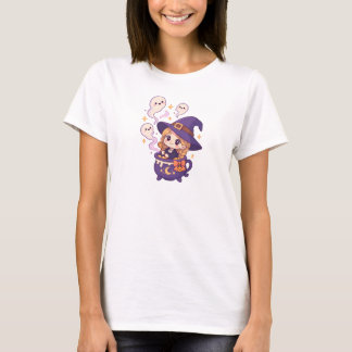 Camiseta Bruja Kawaii de Halloween con Fantasmas