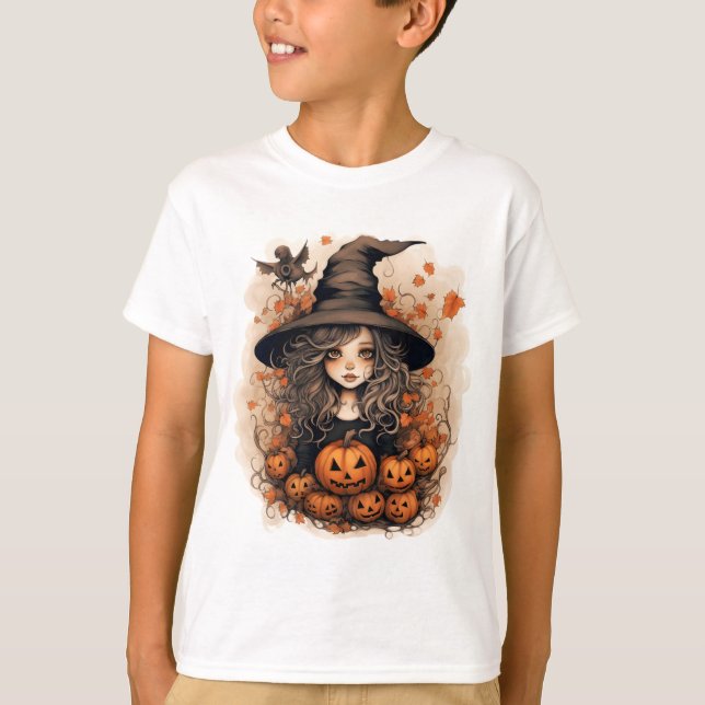 Camiseta Bruja linda con calabazas de Halloween para la caí (Anverso)
