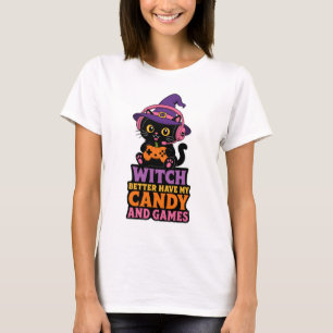 Camiseta Bruja Mejor Tenga Mis Dulces Y Juegos Gato Hallowe