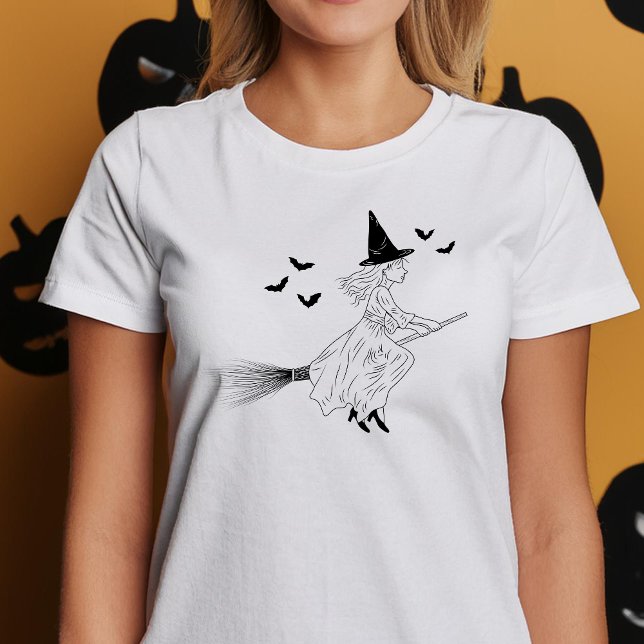 Camiseta Bruja Mínima Y Bats Black Line Art Halloween (Disclaimer: This image is a digital mockup.)