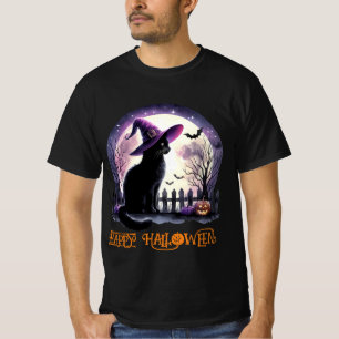 Camiseta Bruja negra de gato y murciélagos de Halloween