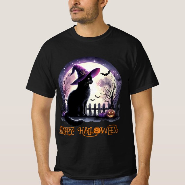 Camiseta Bruja negra de gato y murciélagos de Halloween (Anverso)