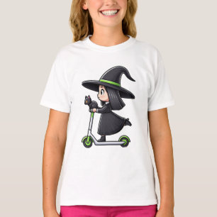 Camiseta Bruja niña con gato montando un scooter