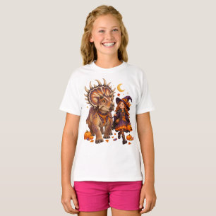 Camiseta Bruja niña y Kosmoceratops Halloween Truco-o-trato