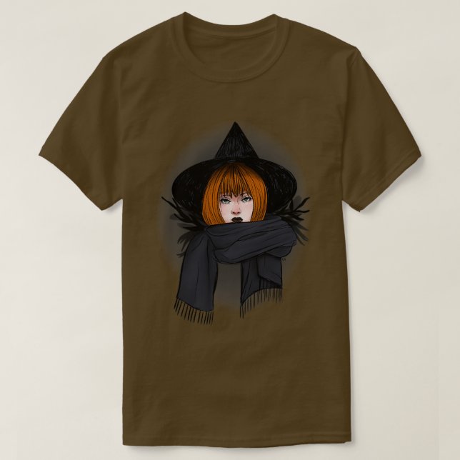 Camiseta Bruja pelirroja oscura con una bufanda (Diseño del anverso)
